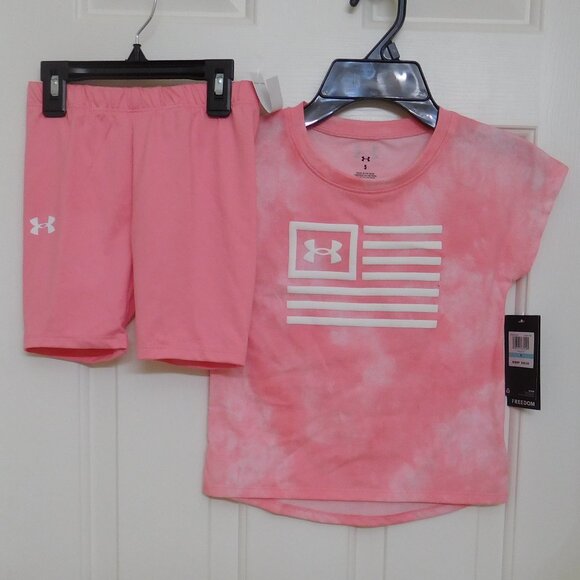 NWT 2pc Under Armour Cosmic Pink Freedom Flag Top & Shorts Set sz 5 - Picture 1 of 1
